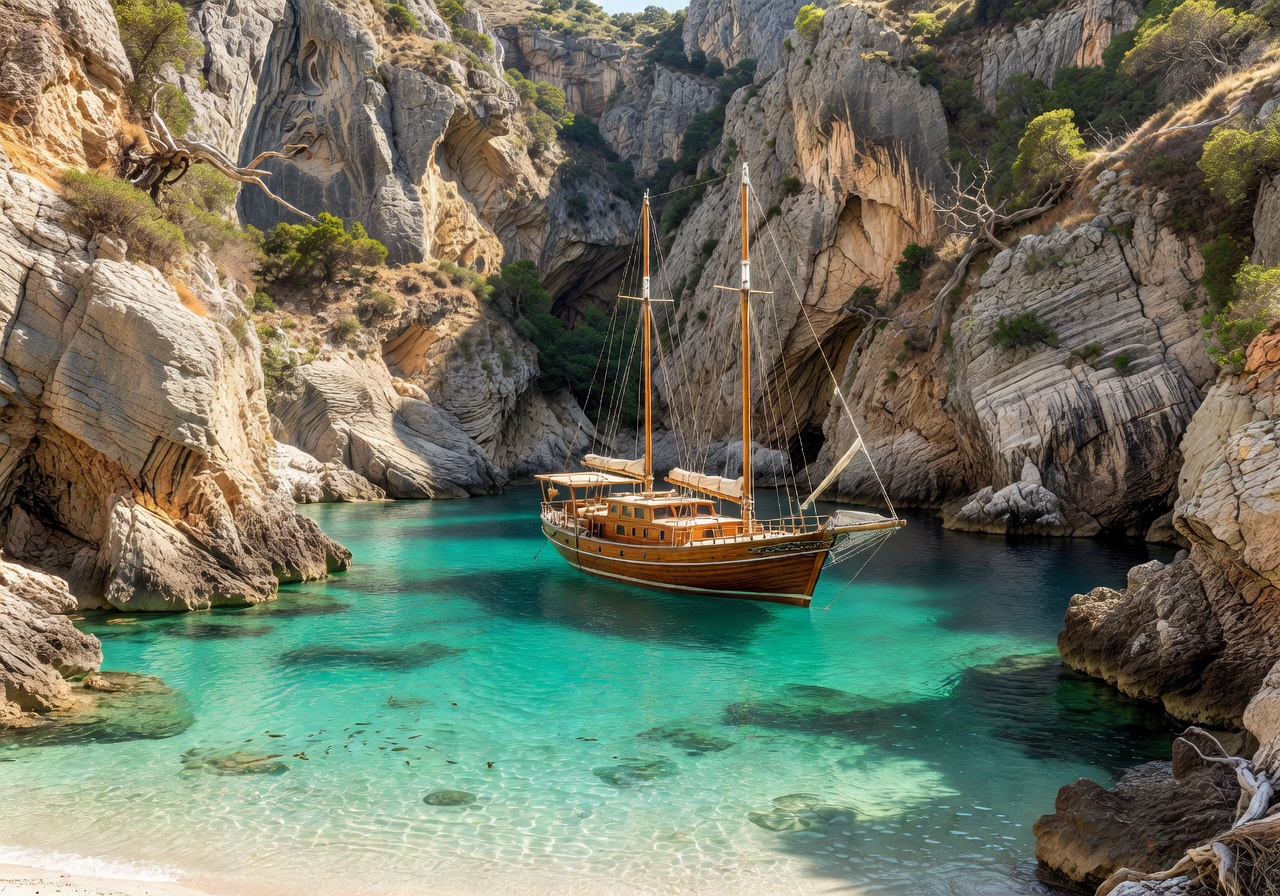 Anchored in turquoise cove with limestone cliffs
