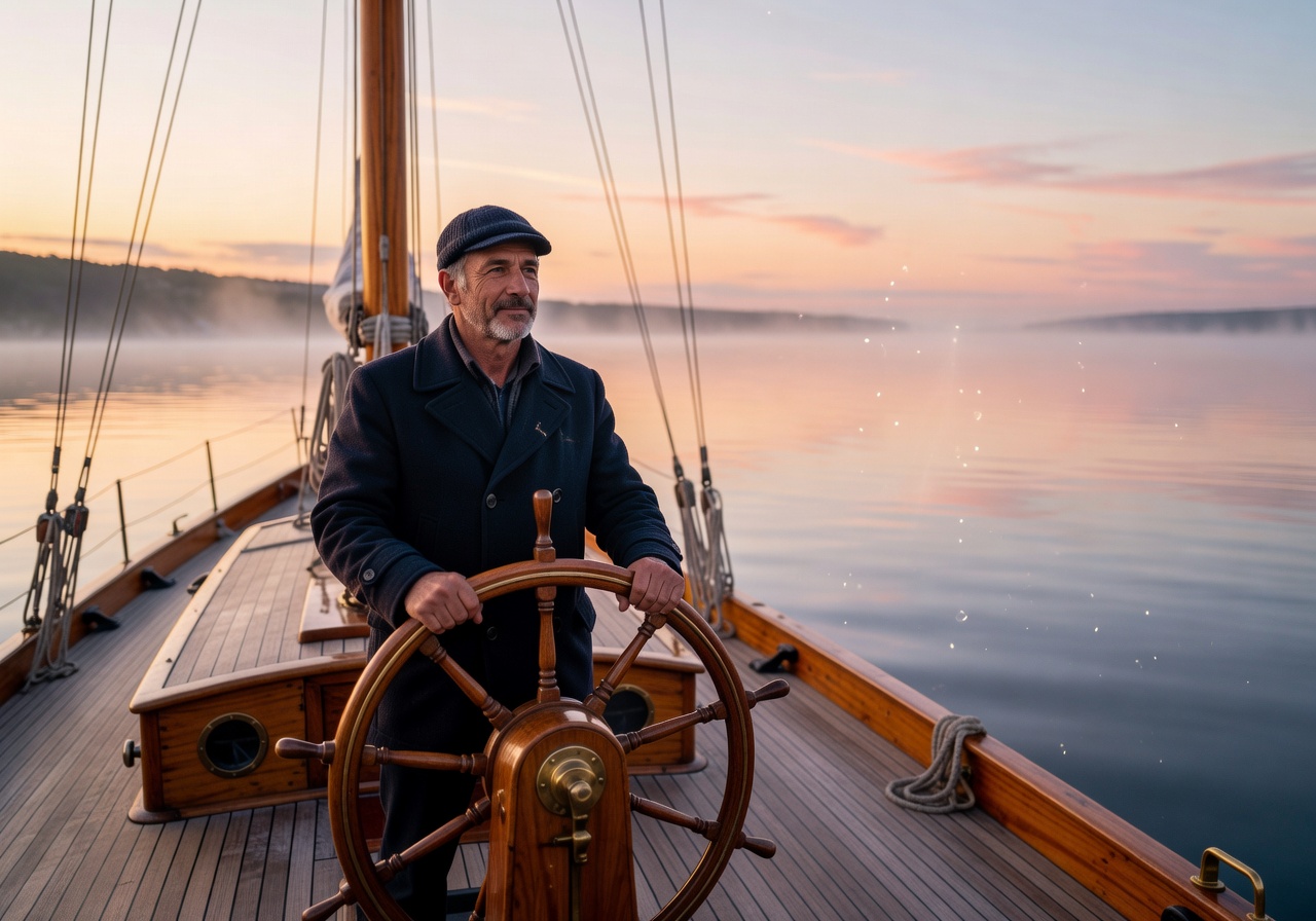 Captain at the helm of a wooden sailing yacht in calm morning light