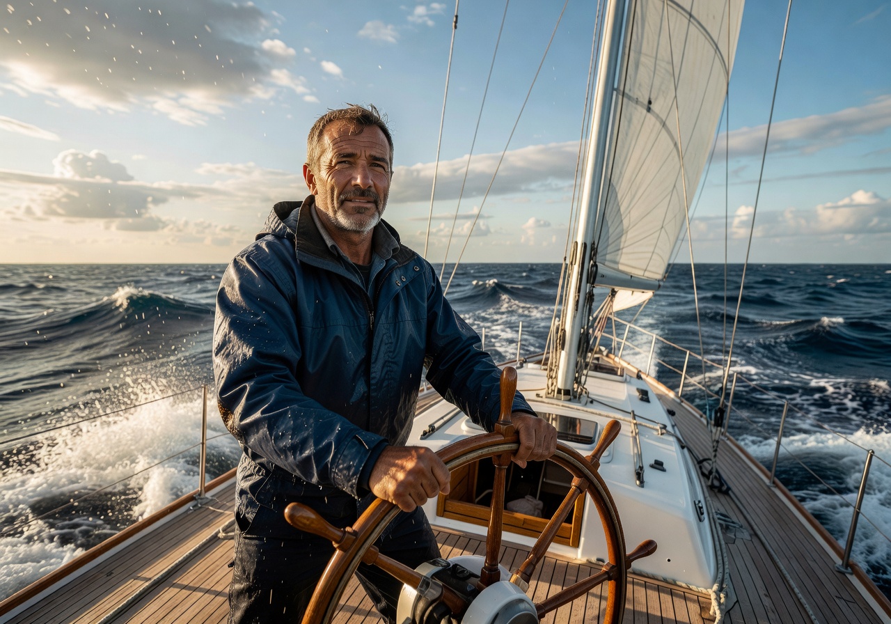 Captain Niko at the wheel of the sailing yacht