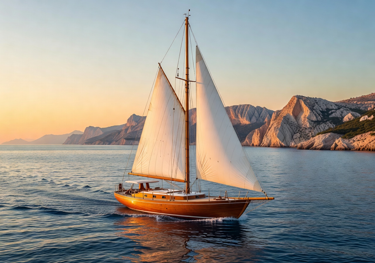 Classic sailing yacht gliding across the Adriatic at golden hour