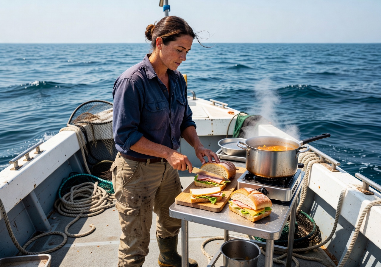 Deckhand and cook Lana preparing lunch on the boat