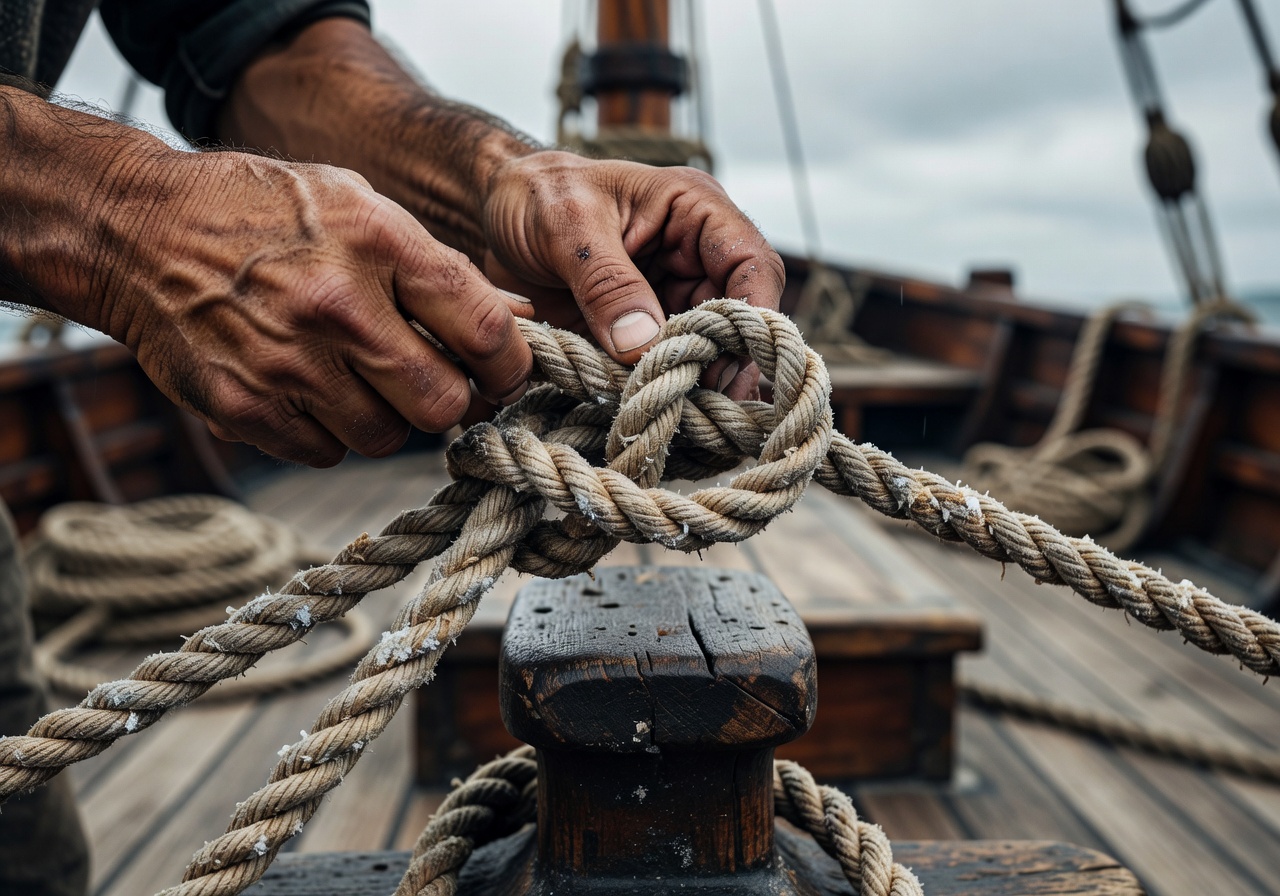 Hands tying a sailor's knot on weathered rope