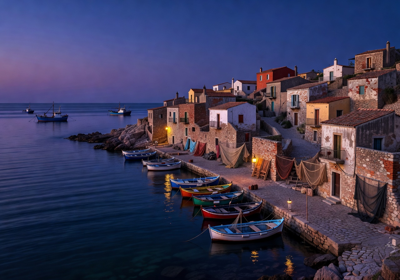 Mediterranean fishing village at dusk from the water