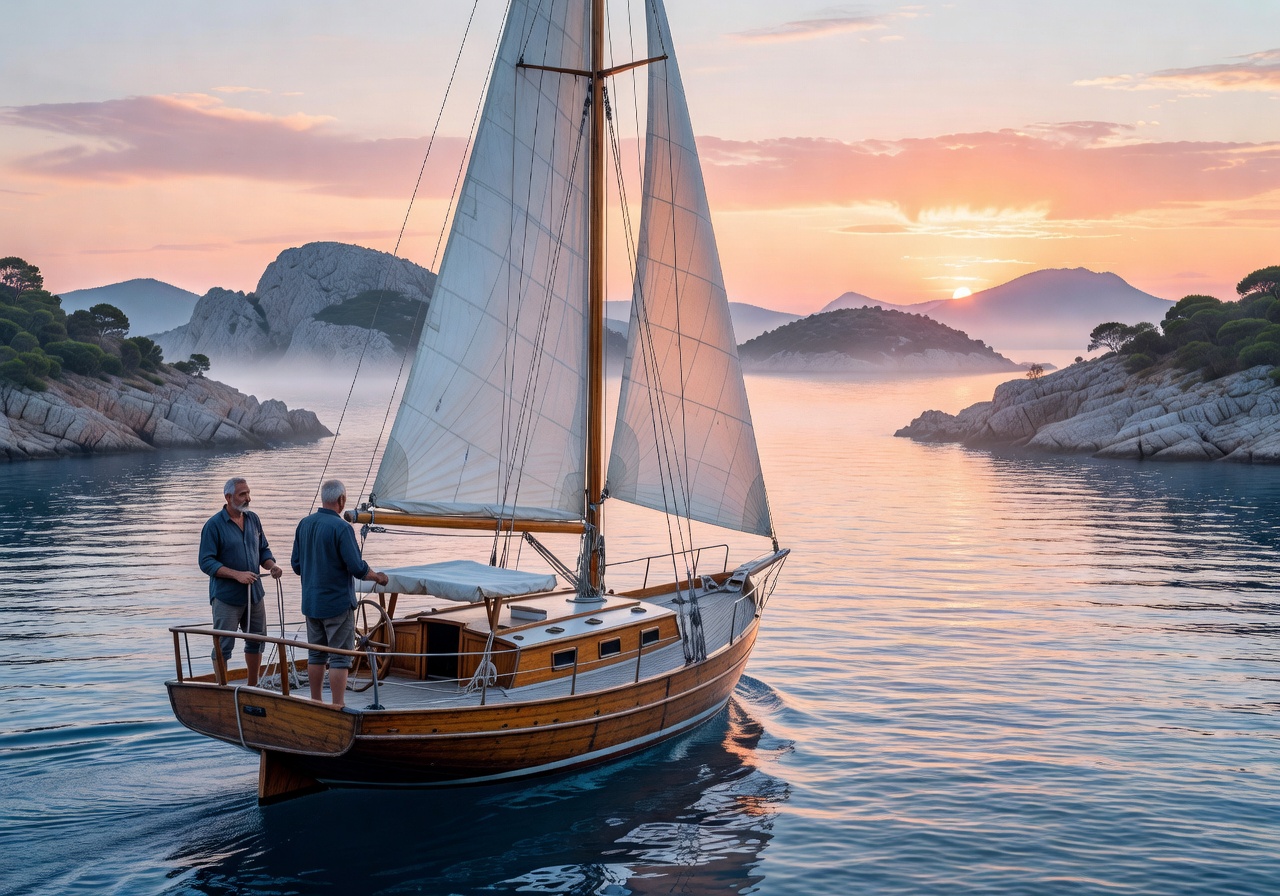 Multi-day sailing voyage along Croatian islands at dawn