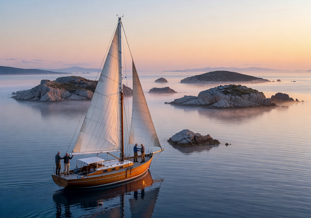 Multi-day sailing voyage through the Dalmatian islands at dawn