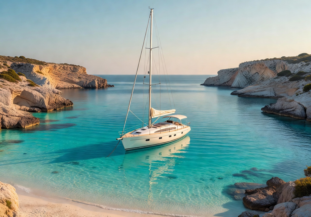 Sailing yacht anchored in a quiet turquoise cove
