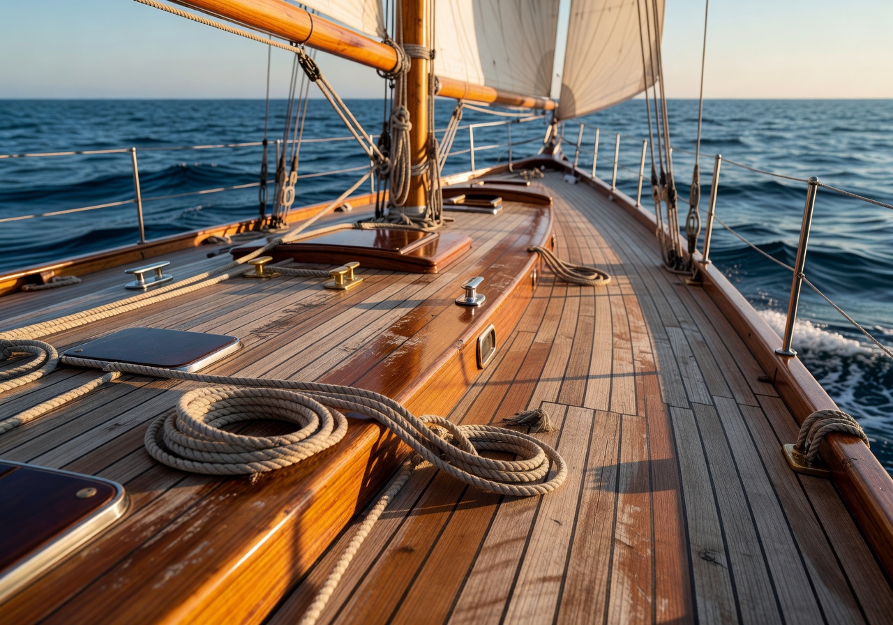 Wooden deck of sailing yacht with rope detail