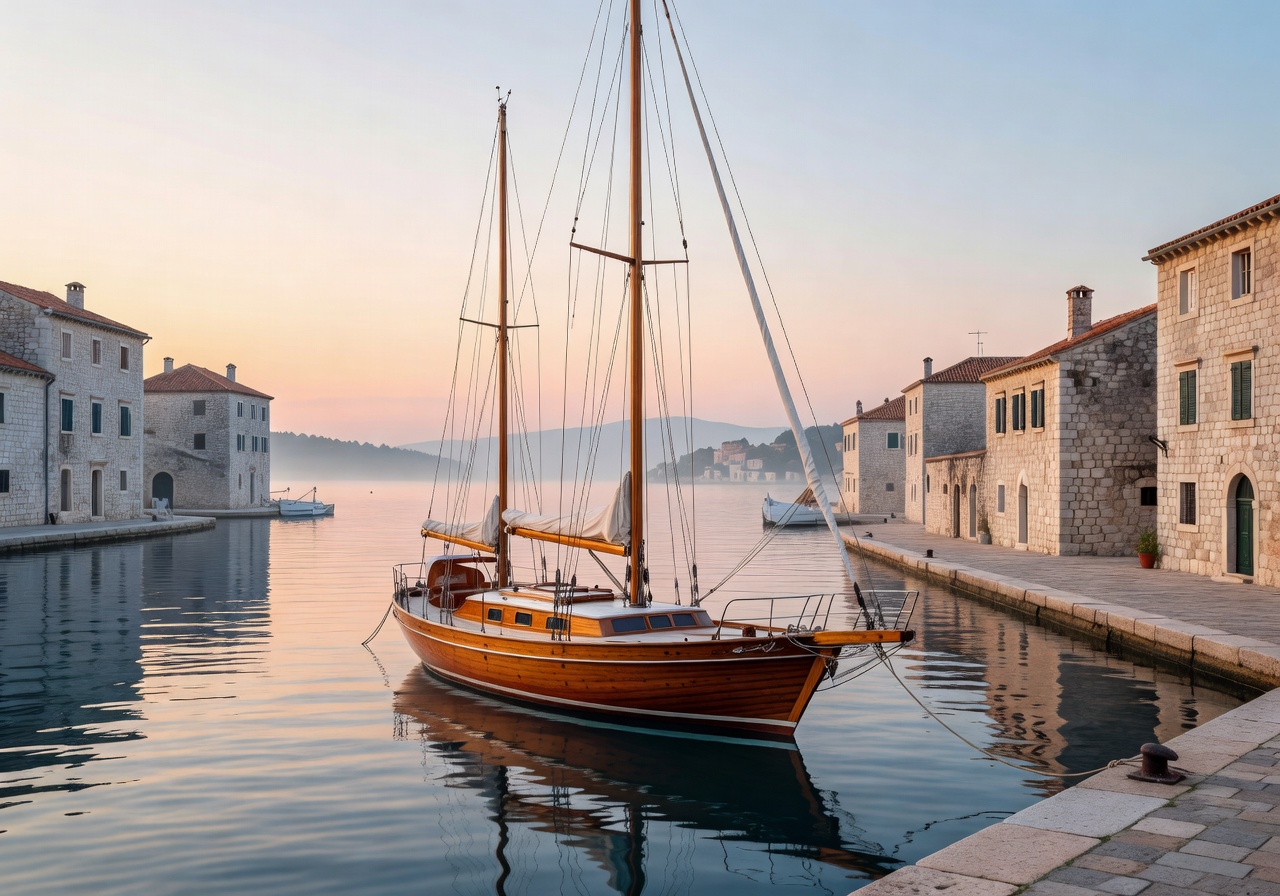 Wooden sailing yacht moored in a Croatian harbour at first light